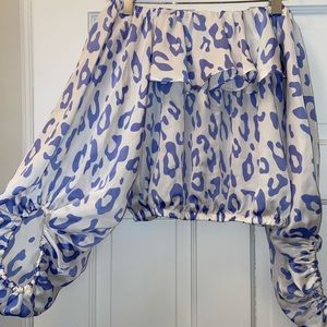 Off Shoulder Blue and White Leopard Print Top
